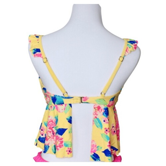 Arizona Jean Yellow Pink Cried Ruffle Tankini Floral 2pc Swimsuit LARGE Poolcore - Picture 4 of 15